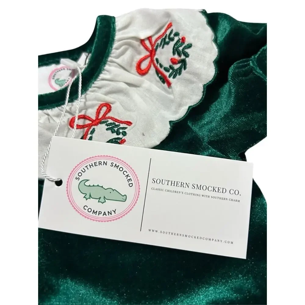 Southern Smocked Company Baby Girls Emerald Green Velvet Christmas Romper 9M NWT